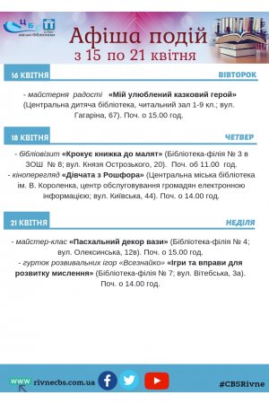 План заходів з 15.по 21.04.2019 р. ЦБС м.Рівне