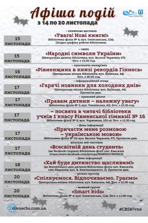 План заходів з 14 по 20 листопада 2022 року ЦБС м. Рівне