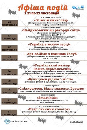 План заходів з 21 по 27 листопада 2022 року ЦБС м. Рівне