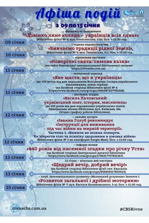 План заходів з 09 по 15 січня 2023 року ЦБС м. Рівне