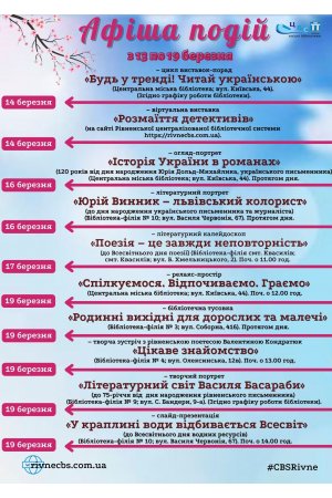 План заходів з 13 по 19 березня 2023 року ЦБС м. Рівне