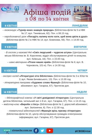 План заходів з 08 по 14 квітня 2019 р. ЦБС м.Рівне 