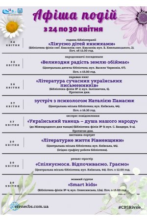 План заходів з 24 по 30 квітня 2023 року ЦБС м. Рівне