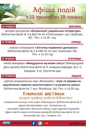 План заходів з 13 травня по 19 травня 2019 р.