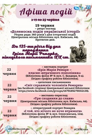 План заходів з 19 по 25 червня 2023 року ЦБС м. Рівне