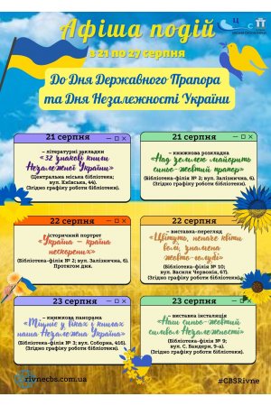 План заходів з 21 по 27 серпня 2023 року ЦБС м. Рівне