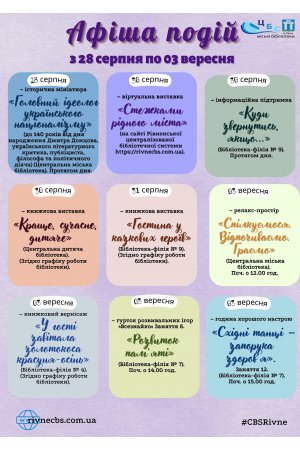 План заходів з 28 серпня по 03 вересня 2023 року ЦБС м. Рівне