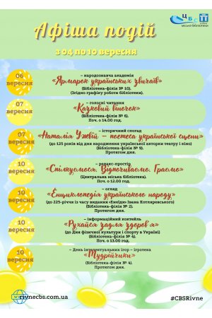 План заходів з 04 по 10 вересня 2023 року ЦБС м. Рівне