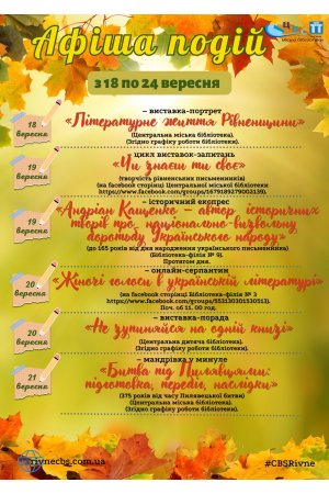 План заходів з 18 по 24 вересня 2023 року ЦБС м. Рівне