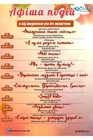План заходів з 25 вересня по 01 жовтня 2023 року ЦБС м. Рівне