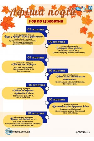 План заходів з 09 по 15 жовтня 2023 року ЦБС м. Рівне