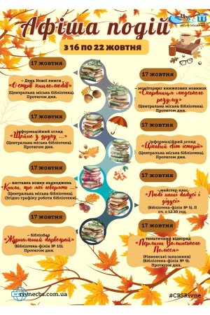 План заходів з 16 по 22 жовтня 2023 року ЦБС м. Рівне