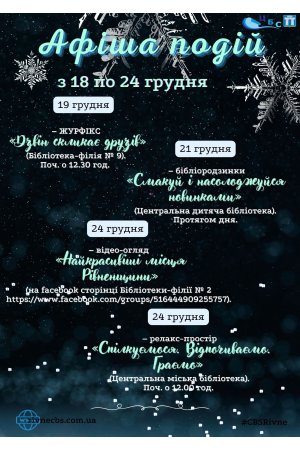 План заходів з 18 по 24 грудня 2023 року ЦБС м. Рівне