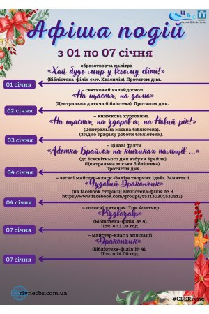 План заходів з 01 по 07 січня 2024 року ЦБС м. Рівне
