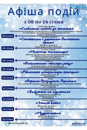 План заходів з 08 по 14 січня 2024 року ЦБС м. Рівне