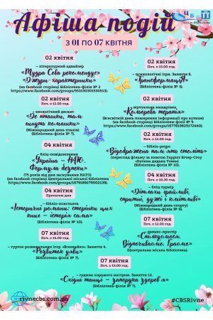  План заходів з 01 по 07 квітня 2024 року ЦБС м. Рівне