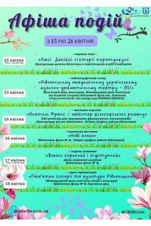 План заходів з 15 по 21 квітня 2024 року ЦБС м. Рівне 