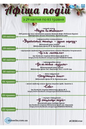 План заходів з 29 квітня по 03 травня 2024 року ЦБС м. Рівне 
