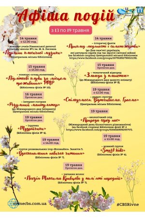 План заходів з 13 по 19 травня 2024 року ЦБС м. Рівне 