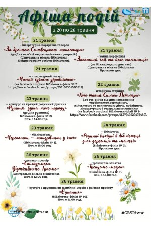 План заходів з 20 по 26 травня 2024 року ЦБС м. Рівне
