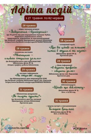 План заходів з 27 травня по 02 червня 2024 року ЦБС м. Рівне 