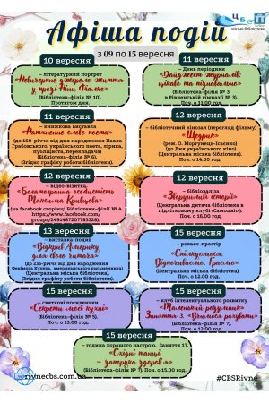 План заходів з 09 по 15 вересня 2024 року ЦБС м. Рівне 