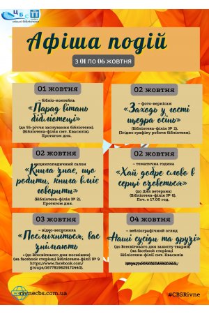 План заходів з 01 по 06 жовтня 2024 року ЦБС м. Рівне 