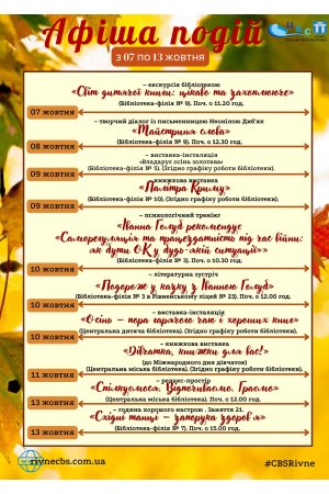 План заходів з 07 по 13 жовтня 2024 року ЦБС м. Рівне 