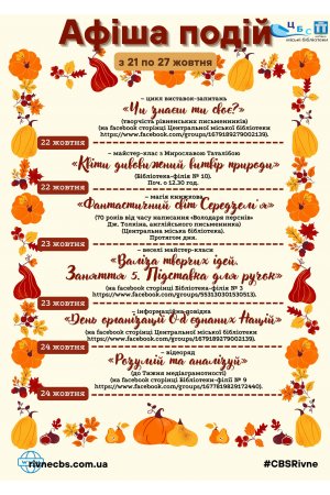 План заходів з 21 по 27 жовтня 2024 року ЦБС м. Рівне 