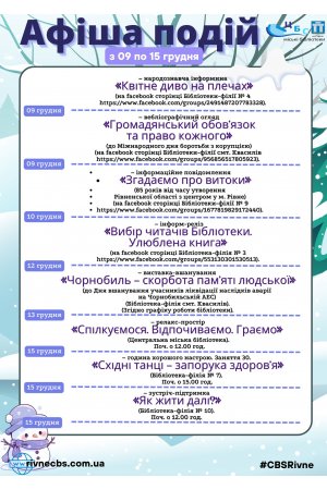 План заходів з з 09 по 15 грудня 2024 року ЦБС м. Рівне 