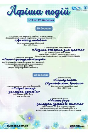 План заходів з 17 по 23 березня 2025 року ЦБС м. Рівне 