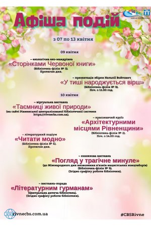 План заходів з 07 по 13 квітня 2025 року ЦБС м. Рівне 