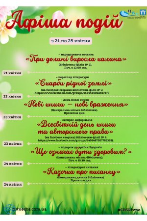 План заходів з 21 по 25 квітня 2025 року ЦБС м. Рівне 