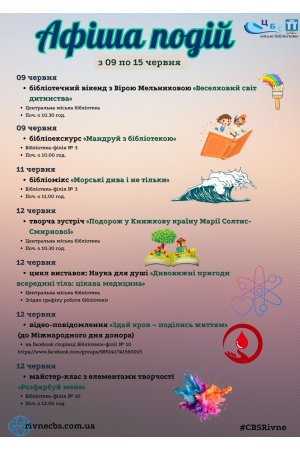 План заходів з 09 по 15 червня 2025 року ЦБС м. Рівне 