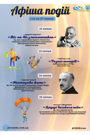 План заходів з 21 по 27 липня 2025 року ЦБС м. Рівне 