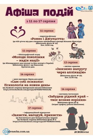 План заходів з 11 по 17 серпня  2025 року ЦБС м. Рівне