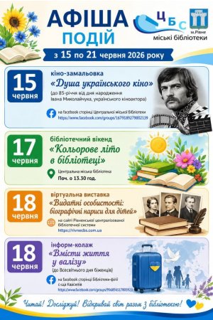 План заходів з 15 по 21 червня 2026 року ЦБС м. Рівне 