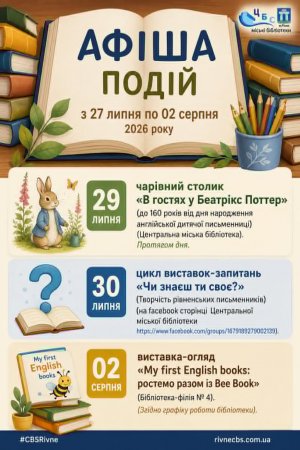 План заходів з 27 липня по 02 серпня 2026 року ЦБС м. Рівне