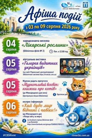 План заходів з 03 по 09 серпня 2026 року ЦБС м. Рівне 