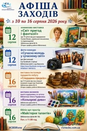 План заходів з 10 по 16 серпня 2026 року ЦБС м. Рівне 