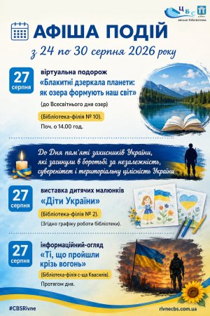 План заходів з 24 по 30 серпня 2026 року ЦБС м. Рівне
