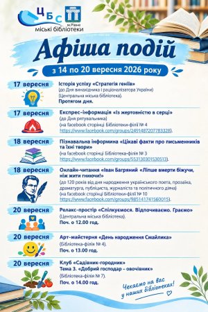 План заходів з 14 по 20 вересня 2026 року ЦБС м. Рівне 