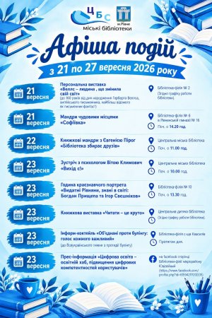 План заходів з 21 по 27 вересня 2026 року ЦБС м. Рівне 