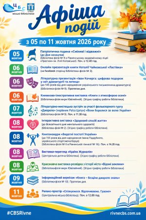 План заходів з 05 по 11 жовтня 2026 року ЦБС м. Рівне 