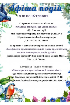 План заходів з 10 по 16 травня 2021 року ЦБС м. Рівне