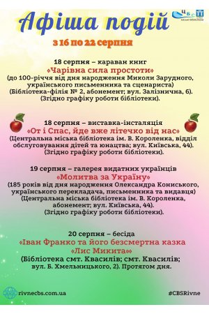 План заходів з 16 по 22 серпня 2021 року ЦБС м. Рівне