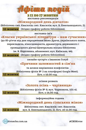 План заходів з 11 по 17 жовтня 2021 року ЦБС м. Рівне