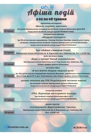 План заходів з 02 по 08 травня 2022 року ЦБС м. Рівне