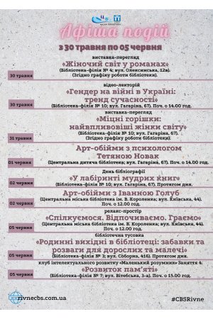 План заходів з 30 травня по 05 червня 2022 року ЦБС м. Рівне