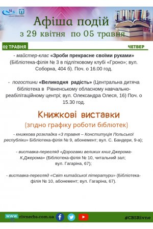 План заходів з 29 квітня по 5 травня 2019 року 
